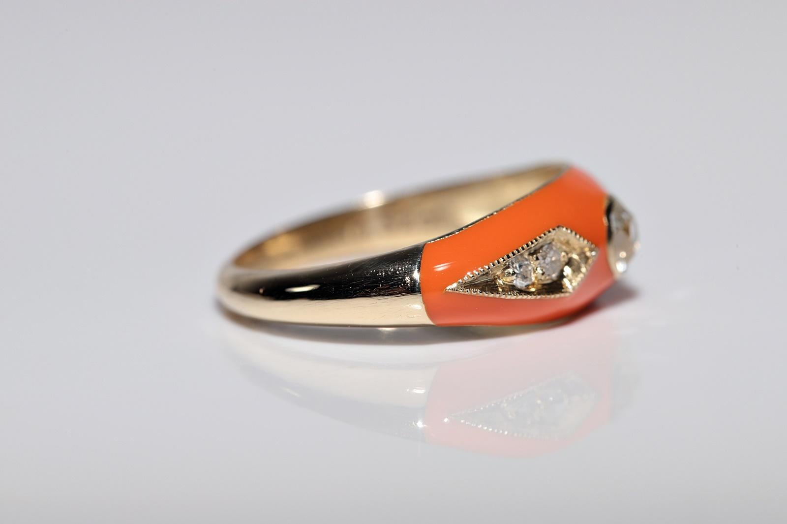 Women's or Men's New made 14K Gold Natural Diamond Decorated Orange Enamel Band Ring For Sale