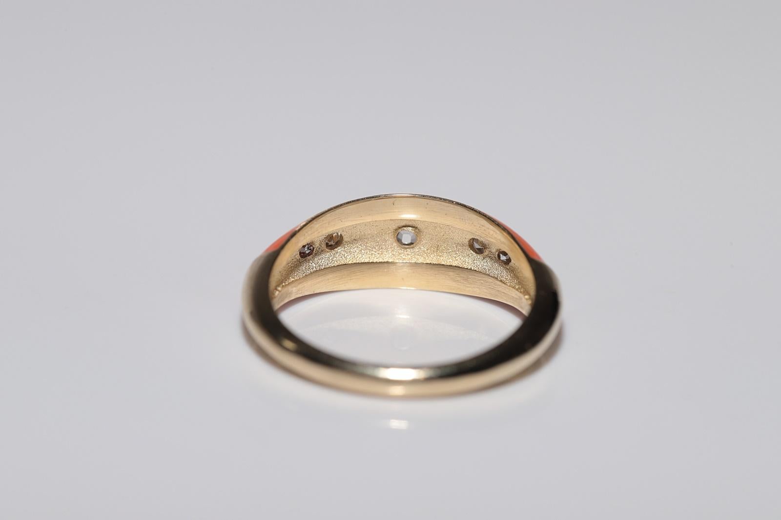 New made 14K Gold Natural Diamond Decorated Orange Enamel Band Ring For Sale 1