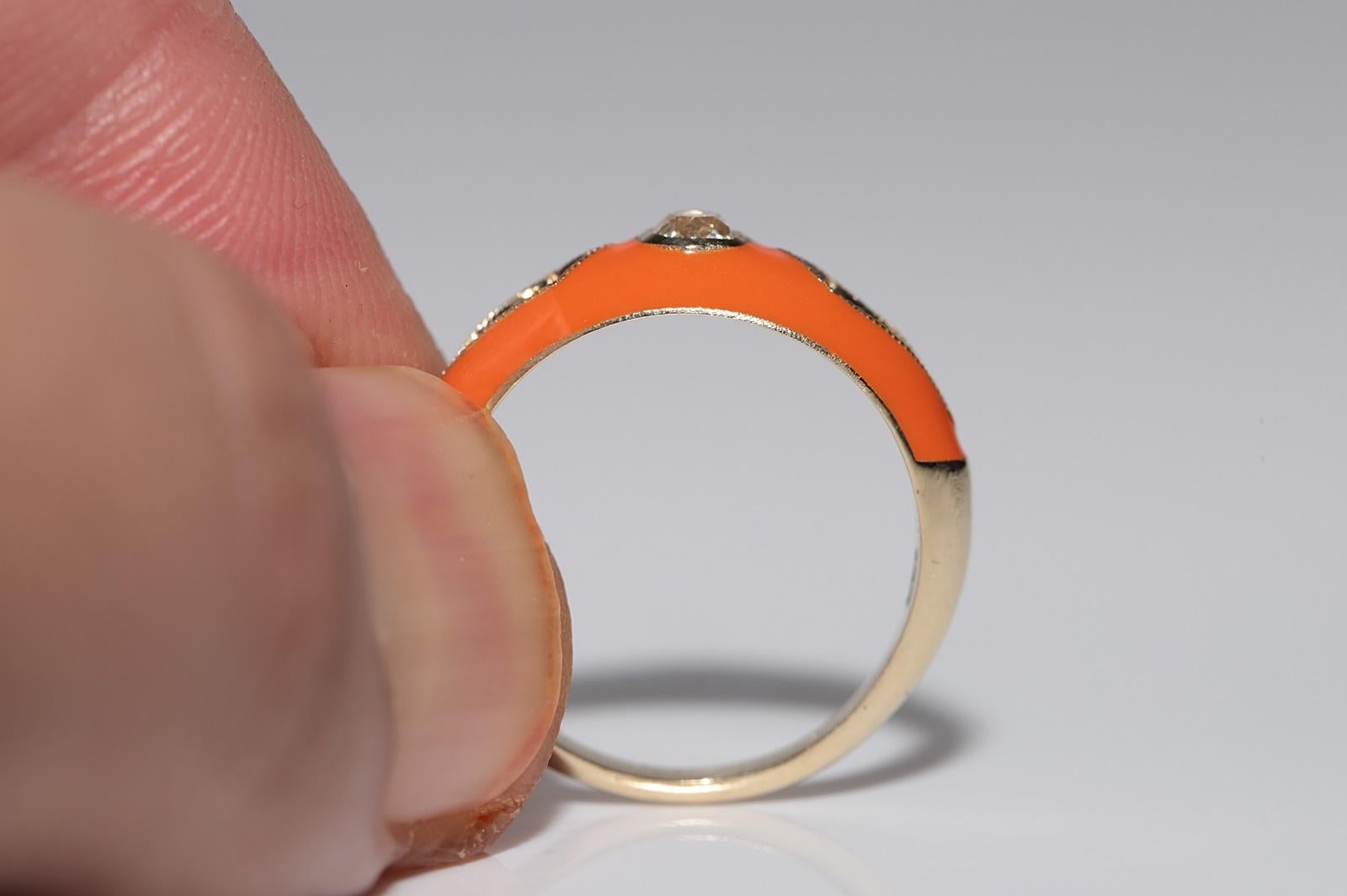 New made 14K Gold Natural Diamond Decorated Orange Enamel Band Ring For Sale 2