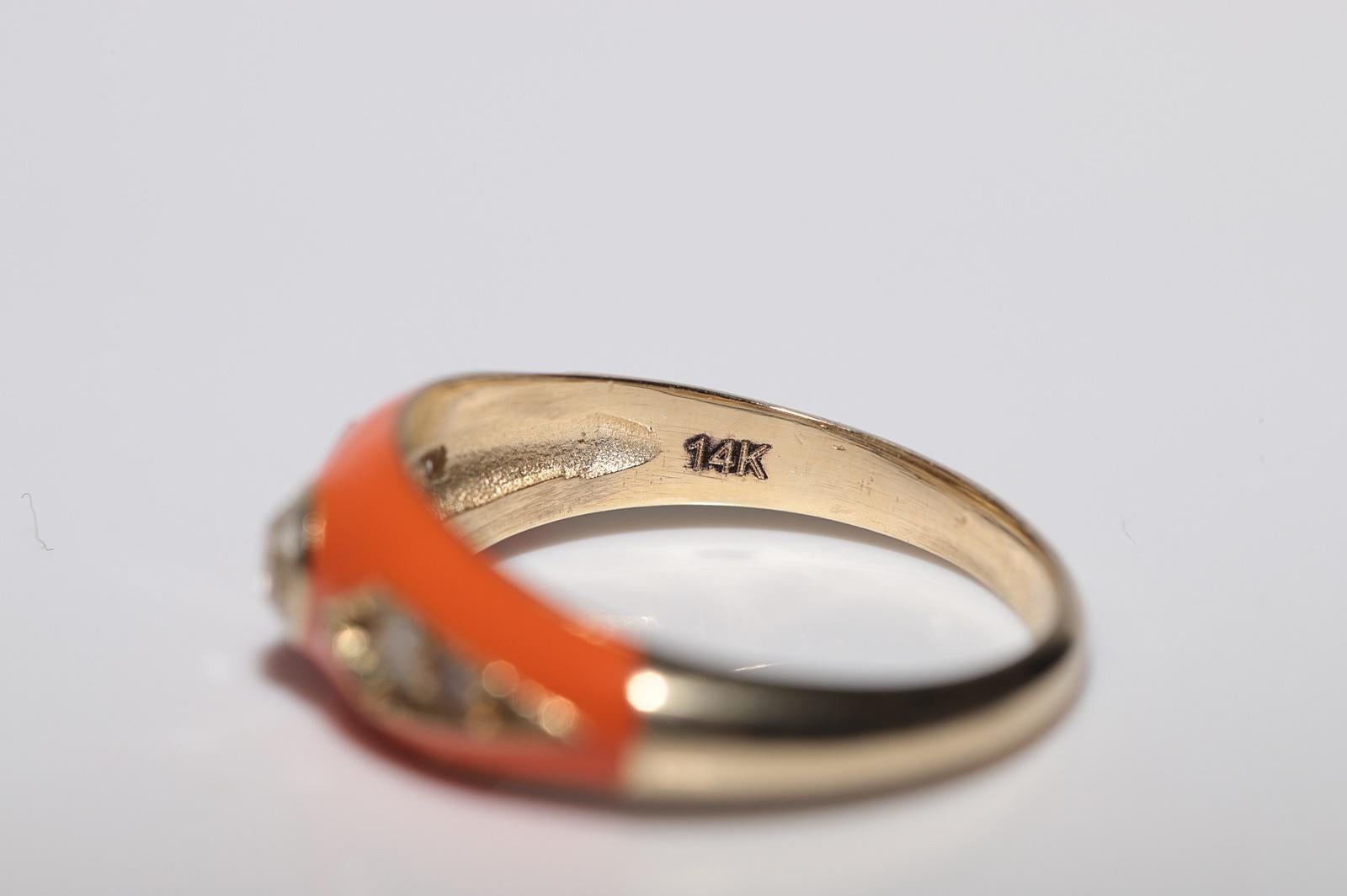 New made 14K Gold Natural Diamond Decorated Orange Enamel Band Ring For Sale 3