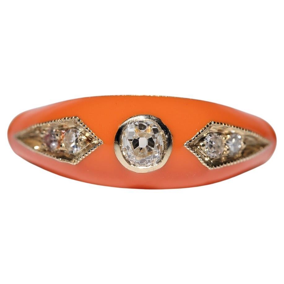 Anello a fascia con smalto arancione decorato con diamanti naturali in oro 14K di nuova fabbricazione