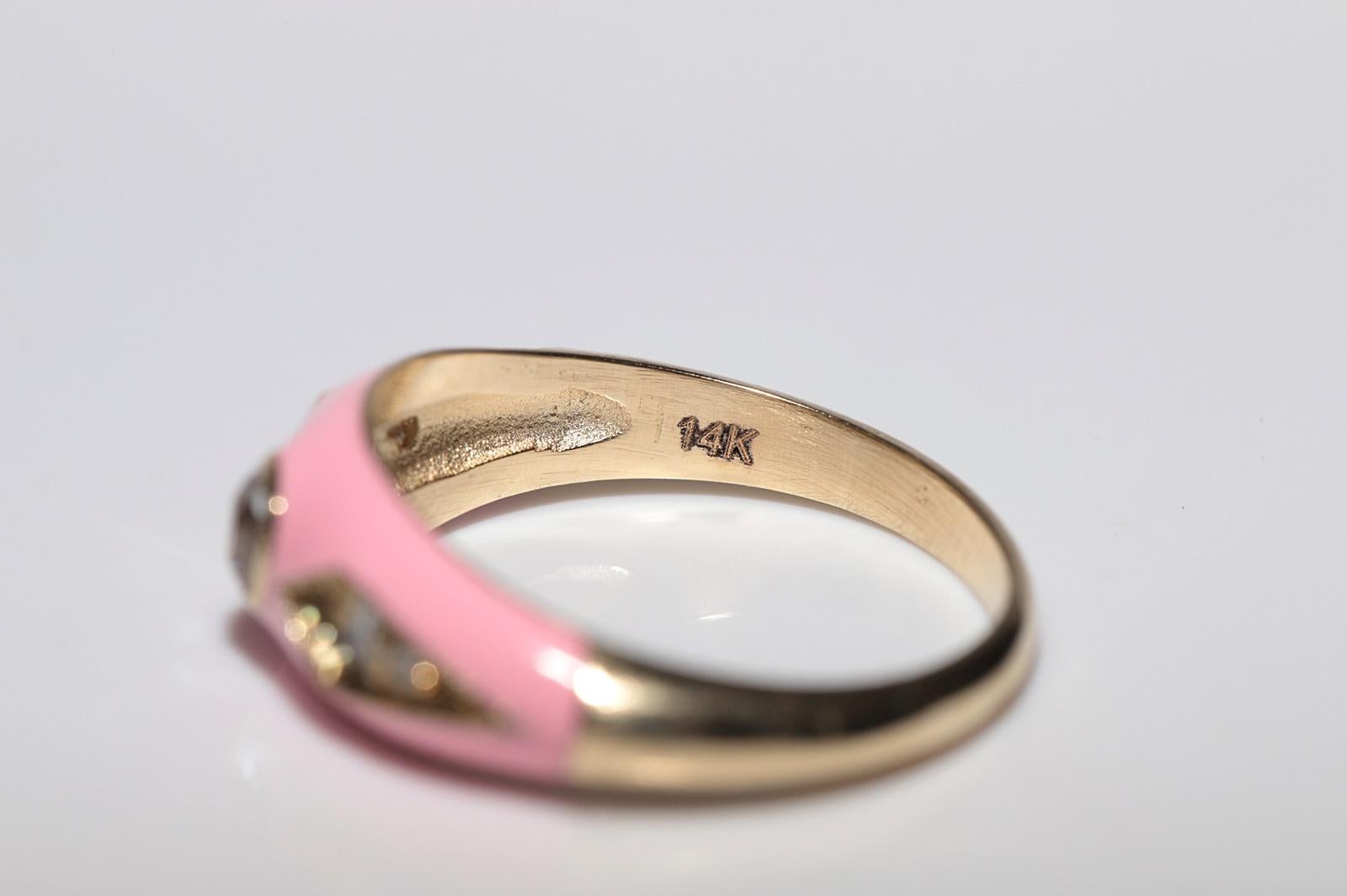 New made 14K Gold Natural Diamond Decorated Pink Enamel Band Ring For Sale 7