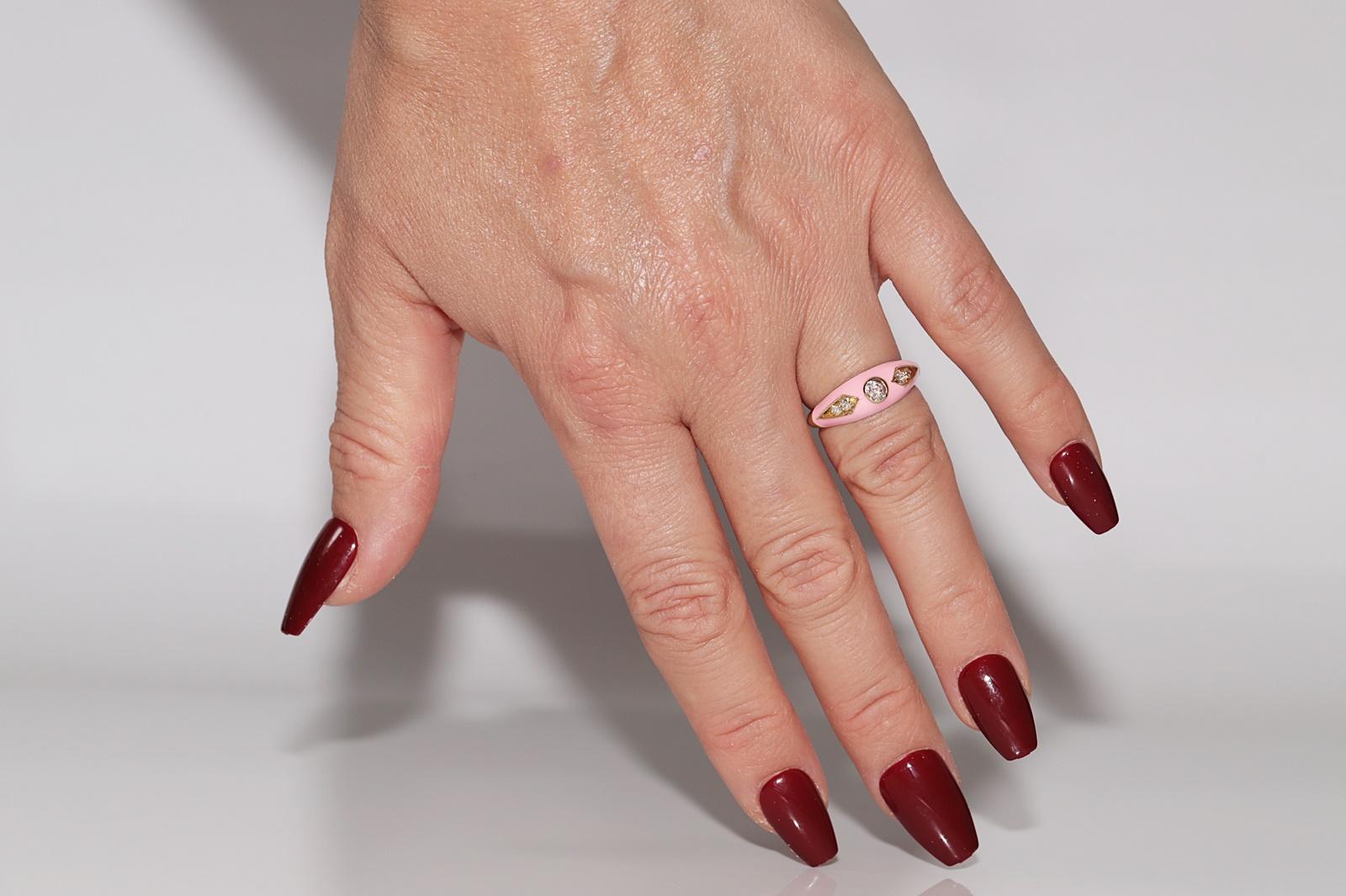New made 14K Gold Natural Diamond Decorated Pink Enamel Band Ring For Sale 8