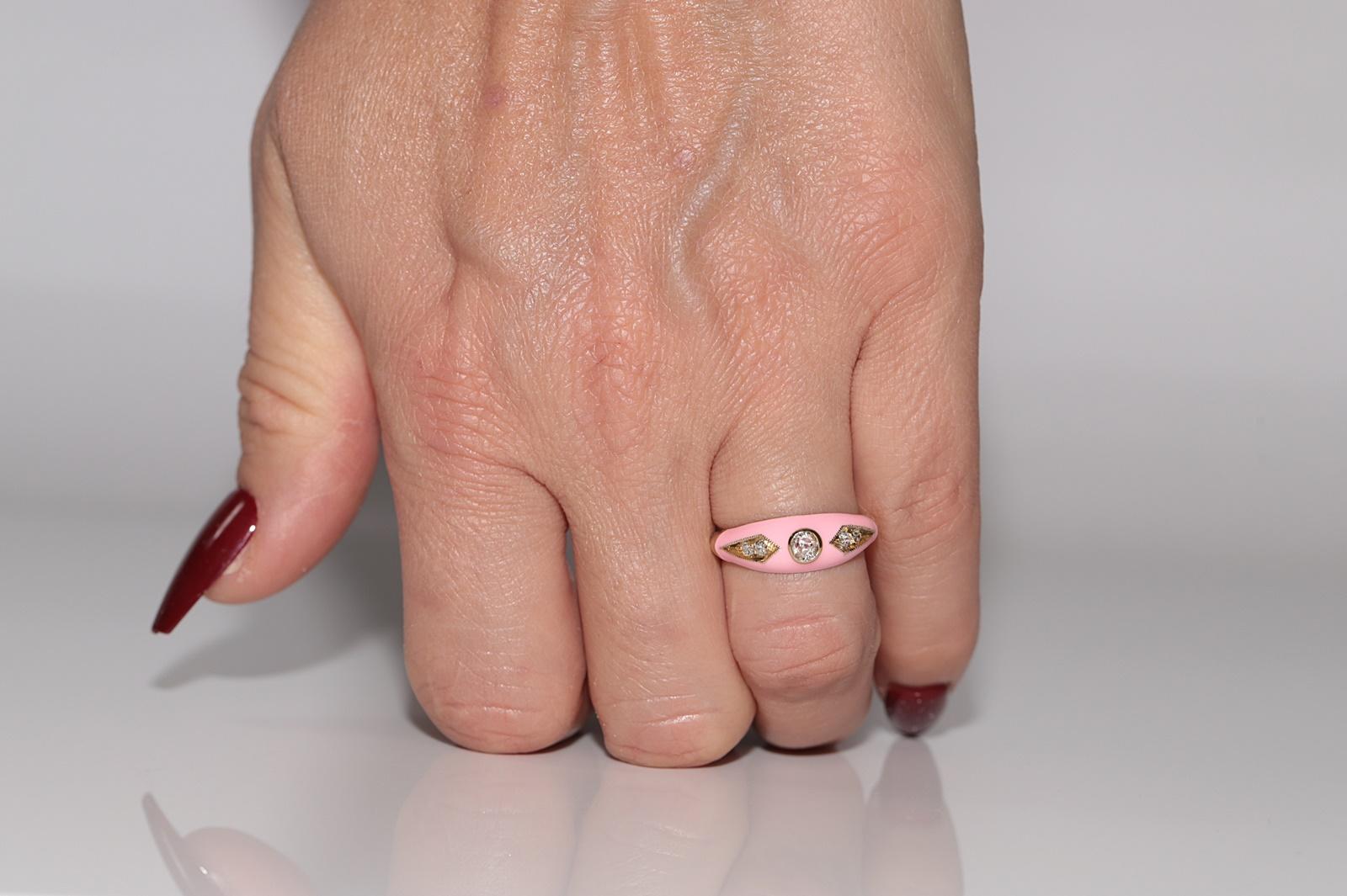 New made 14K Gold Natural Diamond Decorated Pink Enamel Band Ring For Sale 9