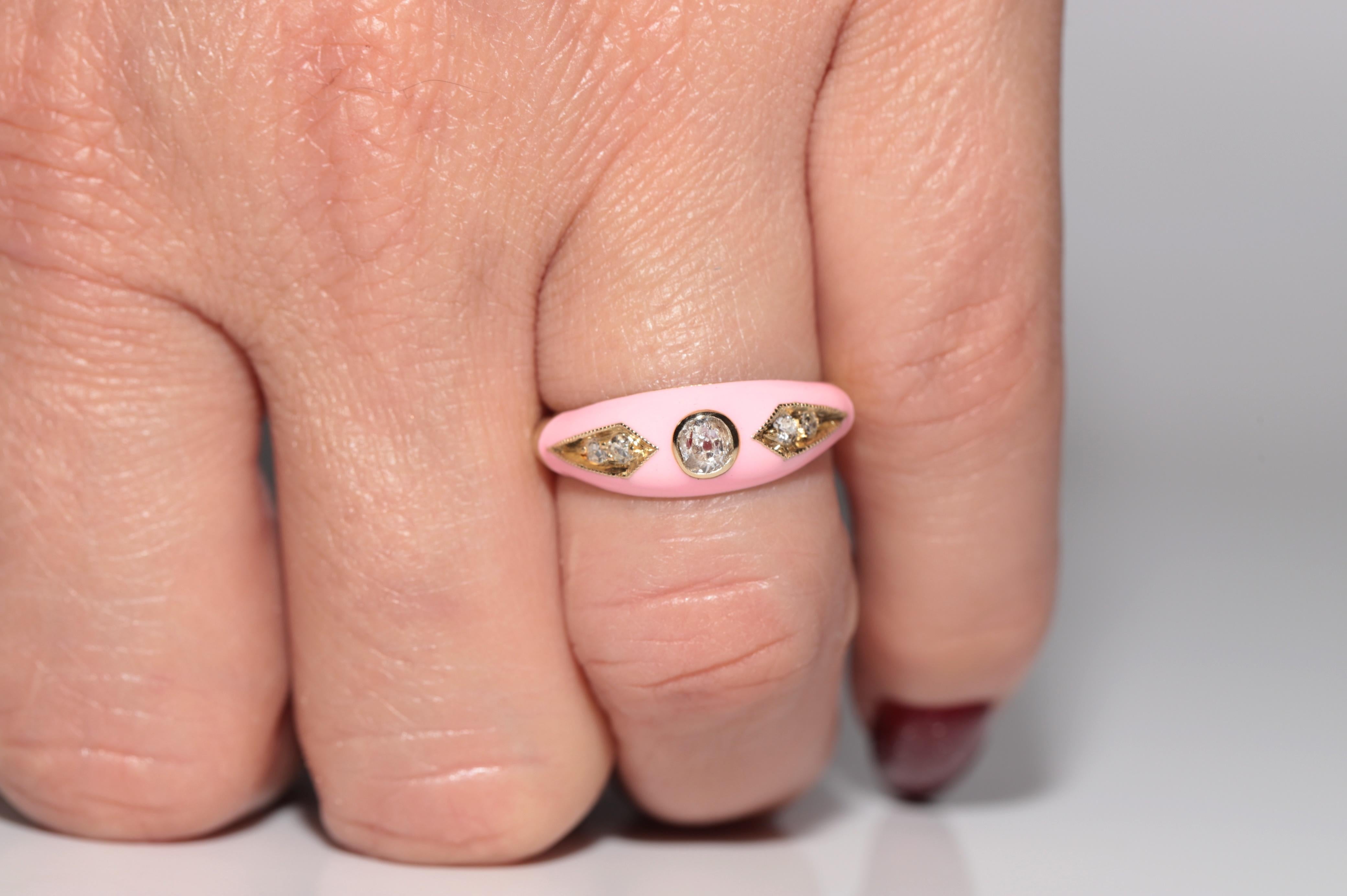 Anillo de oro de 14 quilates con diamante natural decorado con esmalte rosa en venta 10