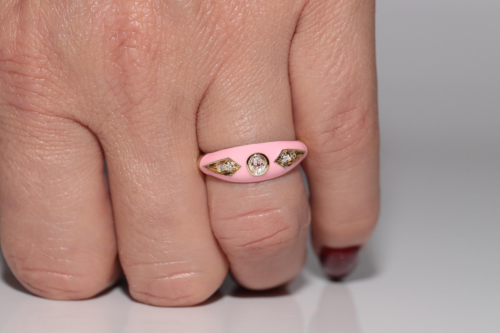 New made 14K Gold Natural Diamond Decorated Pink Enamel Band Ring For Sale 11