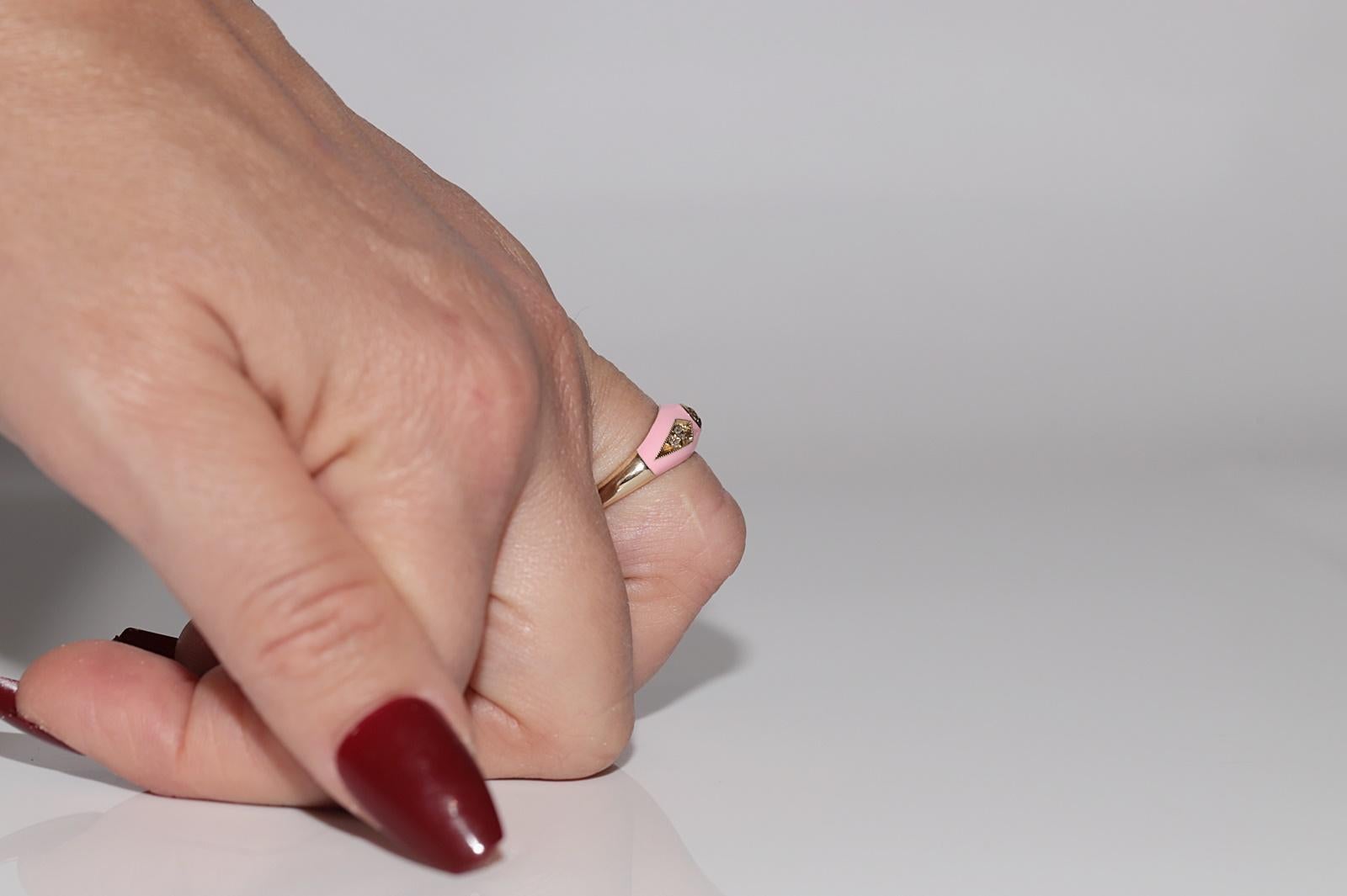 New made 14K Gold Natural Diamond Decorated Pink Enamel Band Ring For Sale 12