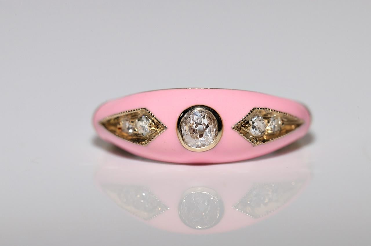 Anillo de oro de 14 quilates con diamante natural decorado con esmalte rosa Moderno en venta