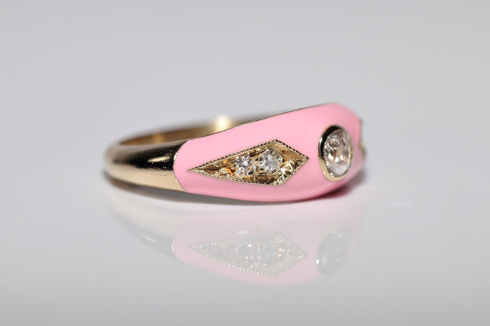 Old Mine Cut New made 14K Gold Natural Diamond Decorated Pink Enamel Band Ring For Sale
