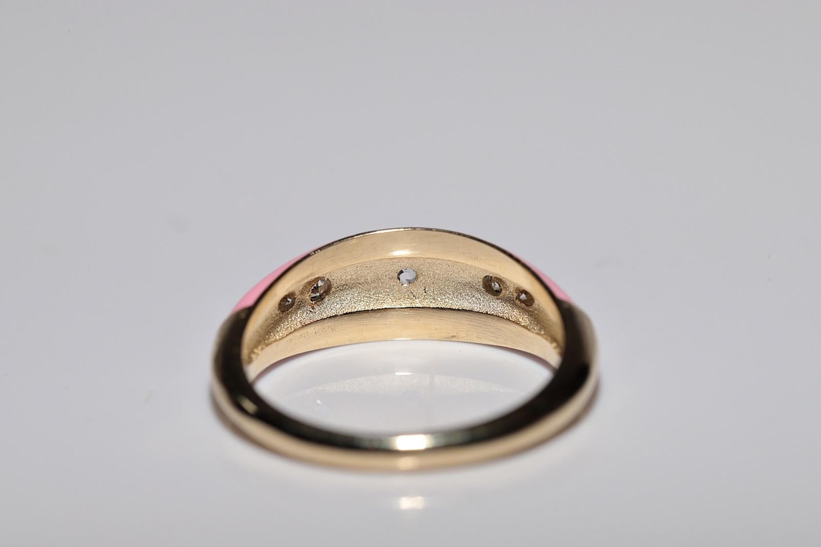 Anillo de oro de 14 quilates con diamante natural decorado con esmalte rosa en venta 1
