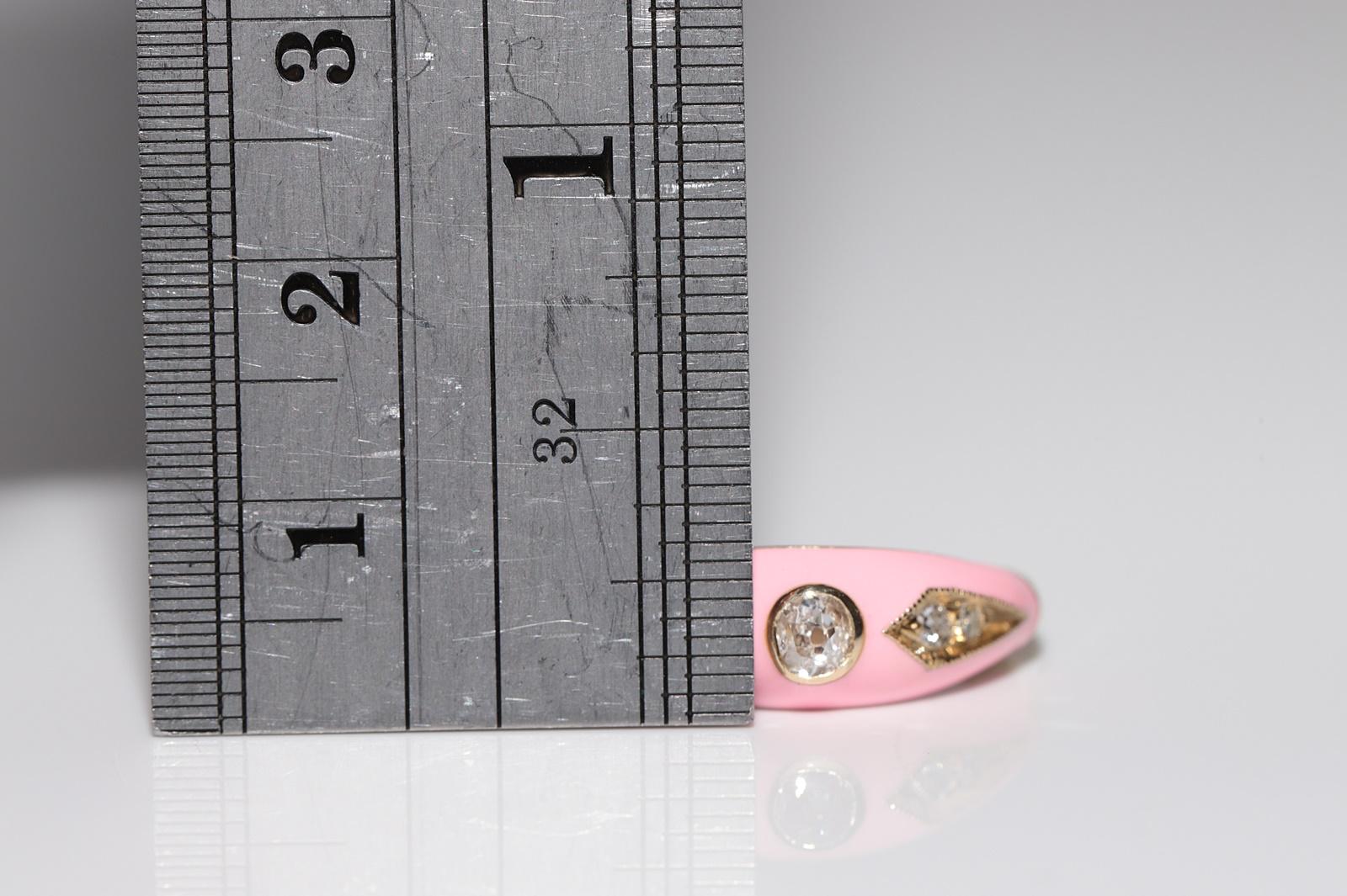 Anillo de oro de 14 quilates con diamante natural decorado con esmalte rosa en venta 3