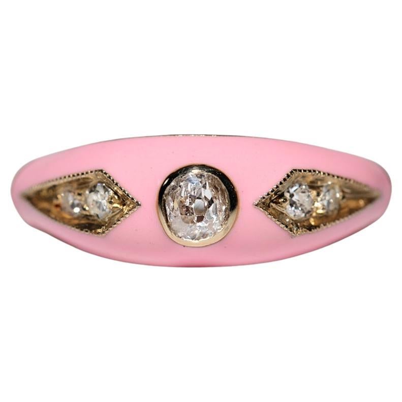 New made 14K Gold Natural Diamond Decorated Pink Enamel Band Ring