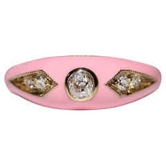 Anello a fascia in oro 14K con diamante naturale e smalto rosa decorato, di nuova produzione