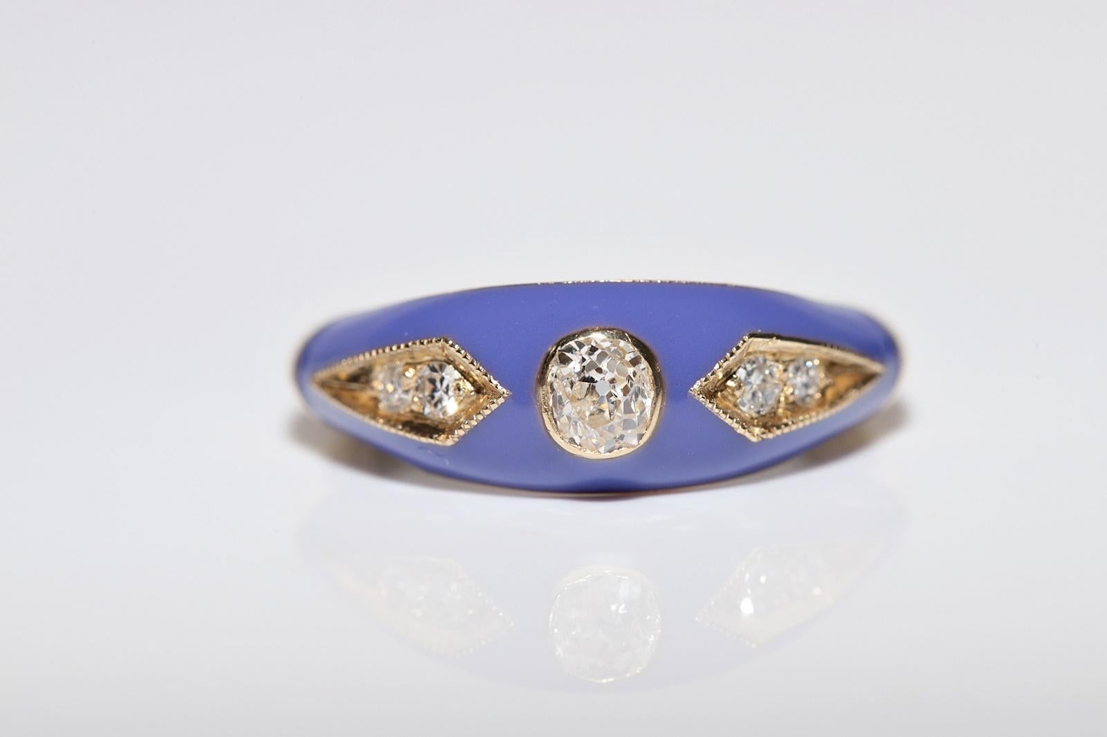 Old Mine Cut New made 14K Gold Natural Diamond Decorated Purple Enamel Band Ring For Sale