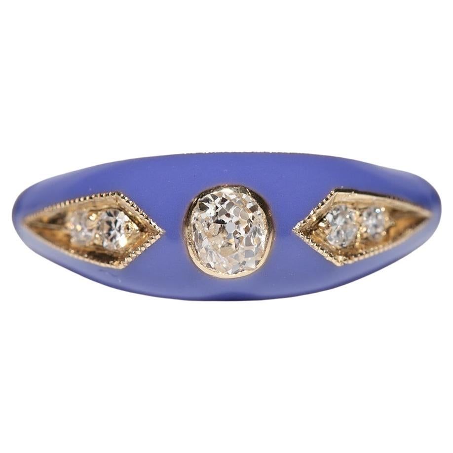 New made 14K Gold Natural Diamond Decorated Purple Enamel Band Ring For Sale