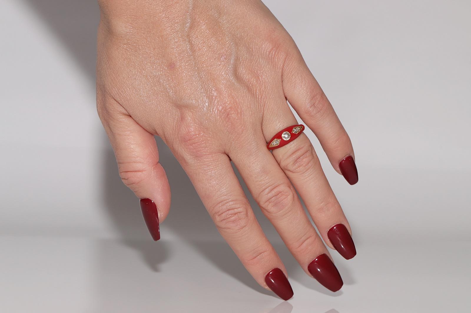New made 14K Gold Natural Diamond Decorated Red Enamel Band Ring For Sale 8