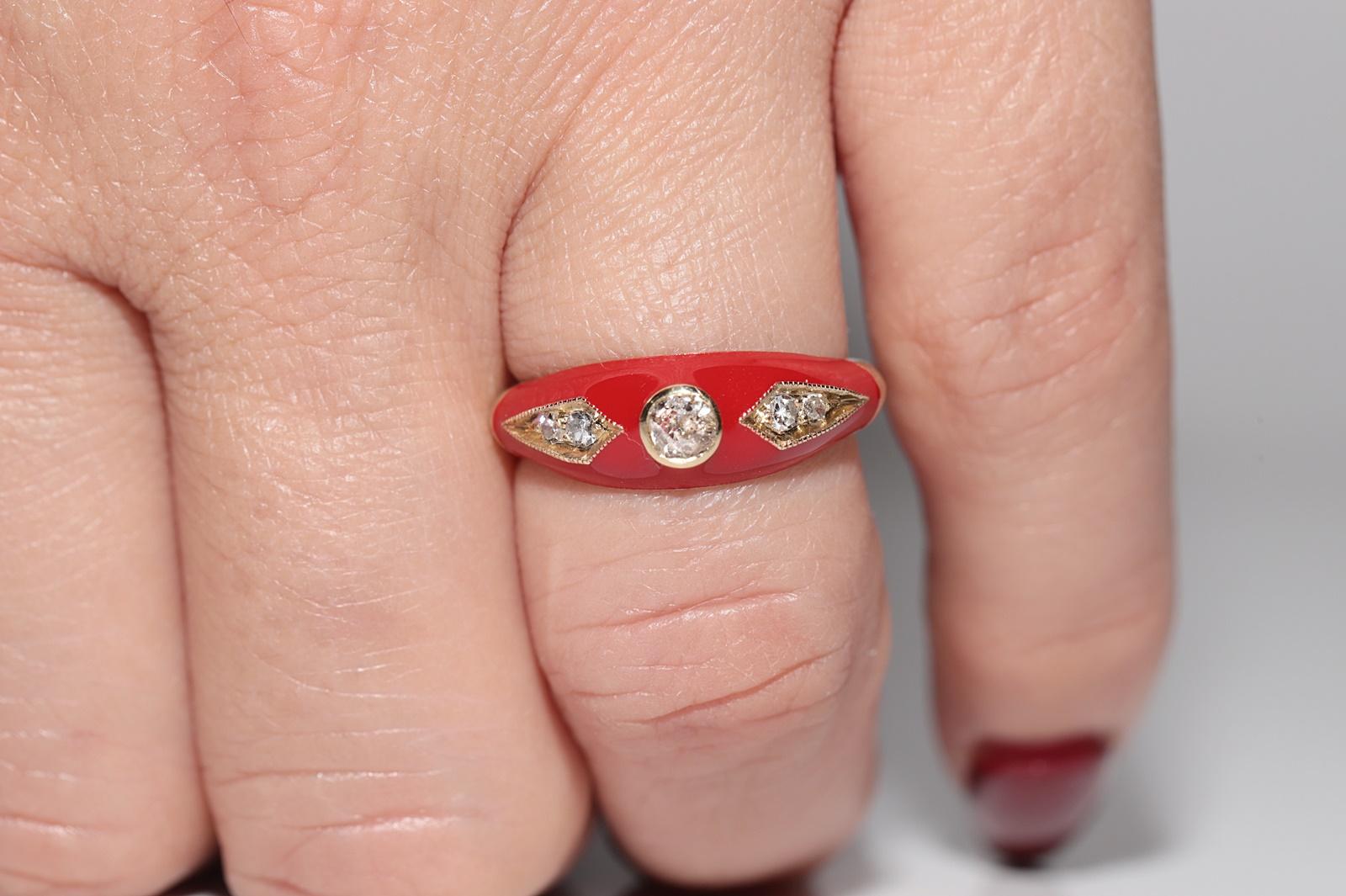New made 14K Gold Natural Diamond Decorated Red Enamel Band Ring For Sale 10