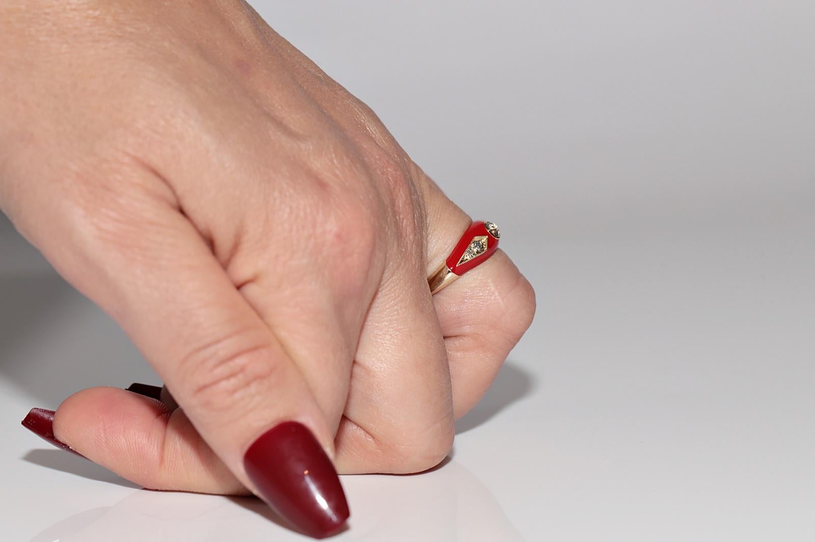 New made 14K Gold Natural Diamond Decorated Red Enamel Band Ring For Sale 11