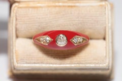New made 14K Gold Natural Diamond Decorated Red Enamel Band Ring