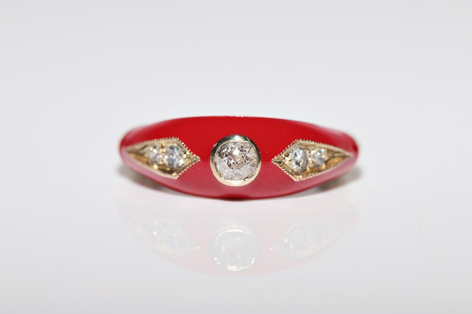 Old Mine Cut New made 14K Gold Natural Diamond Decorated Red Enamel Band Ring For Sale