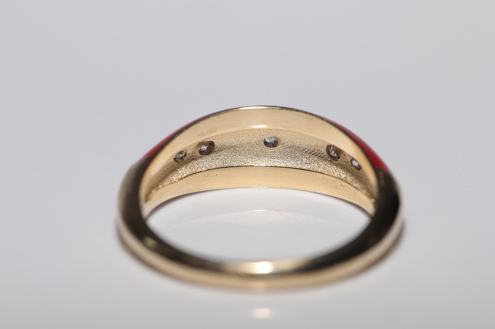 New made 14K Gold Natural Diamond Decorated Red Enamel Band Ring For Sale 2