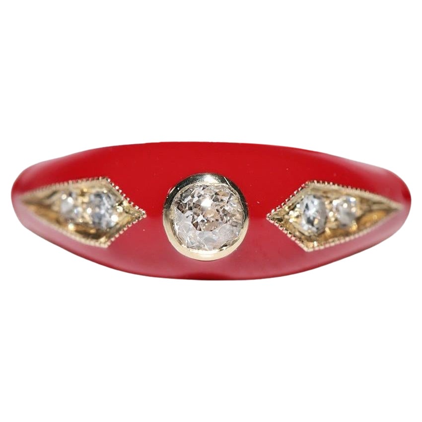 Bague jonc en or 14 carats, décorée de diamants naturels et d
émail rouge, neuve