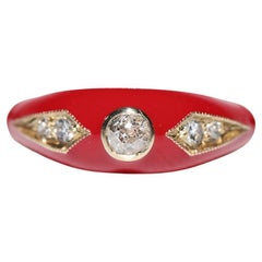 Anello a fascia in oro 14K con diamante naturale decorato e smalto rosso di nuova produzione
