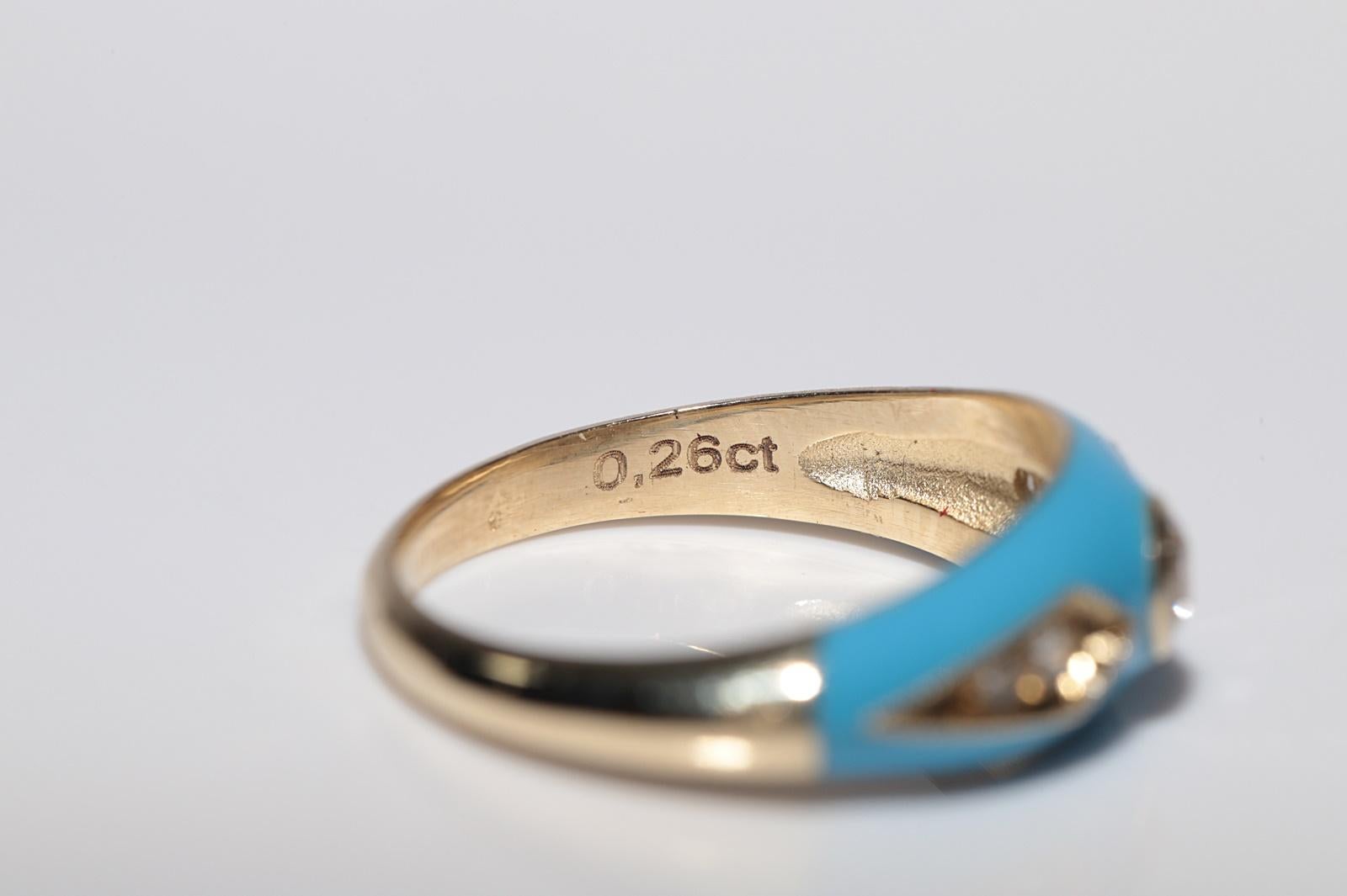 New made 14K Gold Natural Diamond Decorated Turquoise Enamel Band Ring For Sale 4