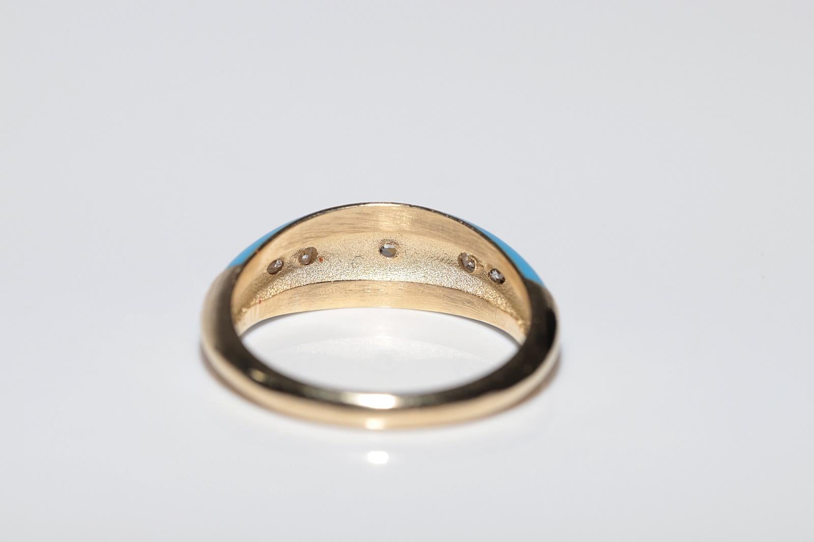New made 14K Gold Natural Diamond Decorated Turquoise Enamel Band Ring For Sale 5