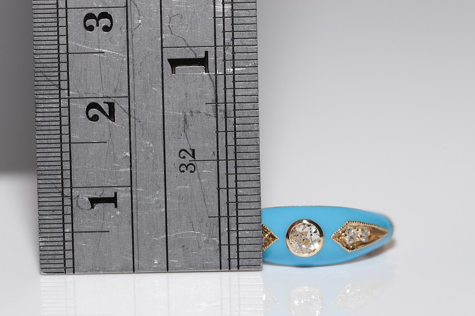 New made 14K Gold Natural Diamond Decorated Turquoise Enamel Band Ring For Sale 6
