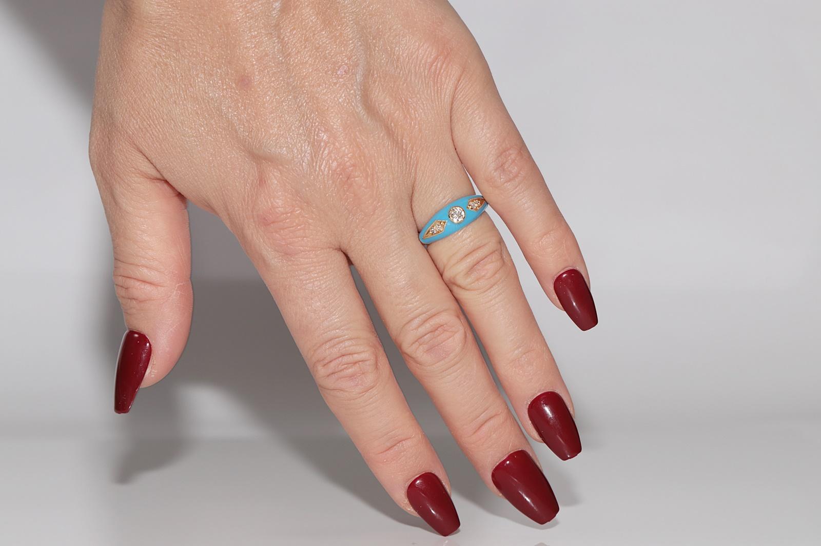 New made 14K Gold Natural Diamond Decorated Turquoise Enamel Band Ring For Sale 9
