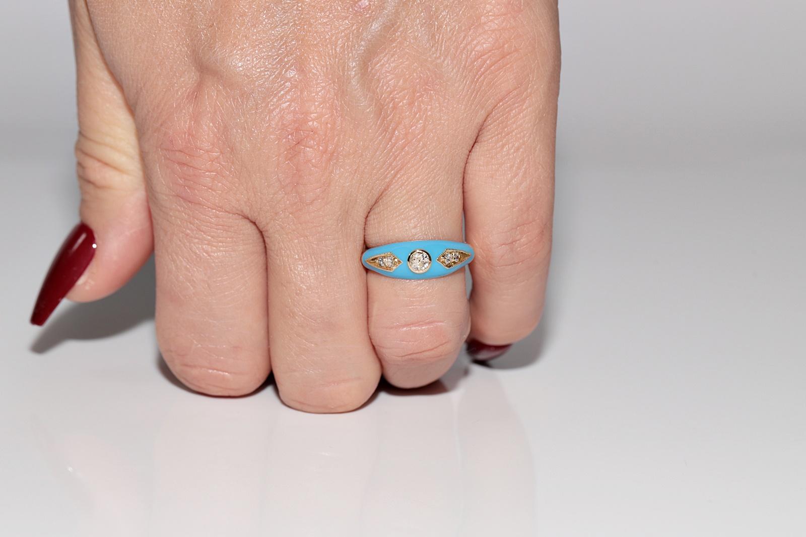 New made 14K Gold Natural Diamond Decorated Turquoise Enamel Band Ring For Sale 10