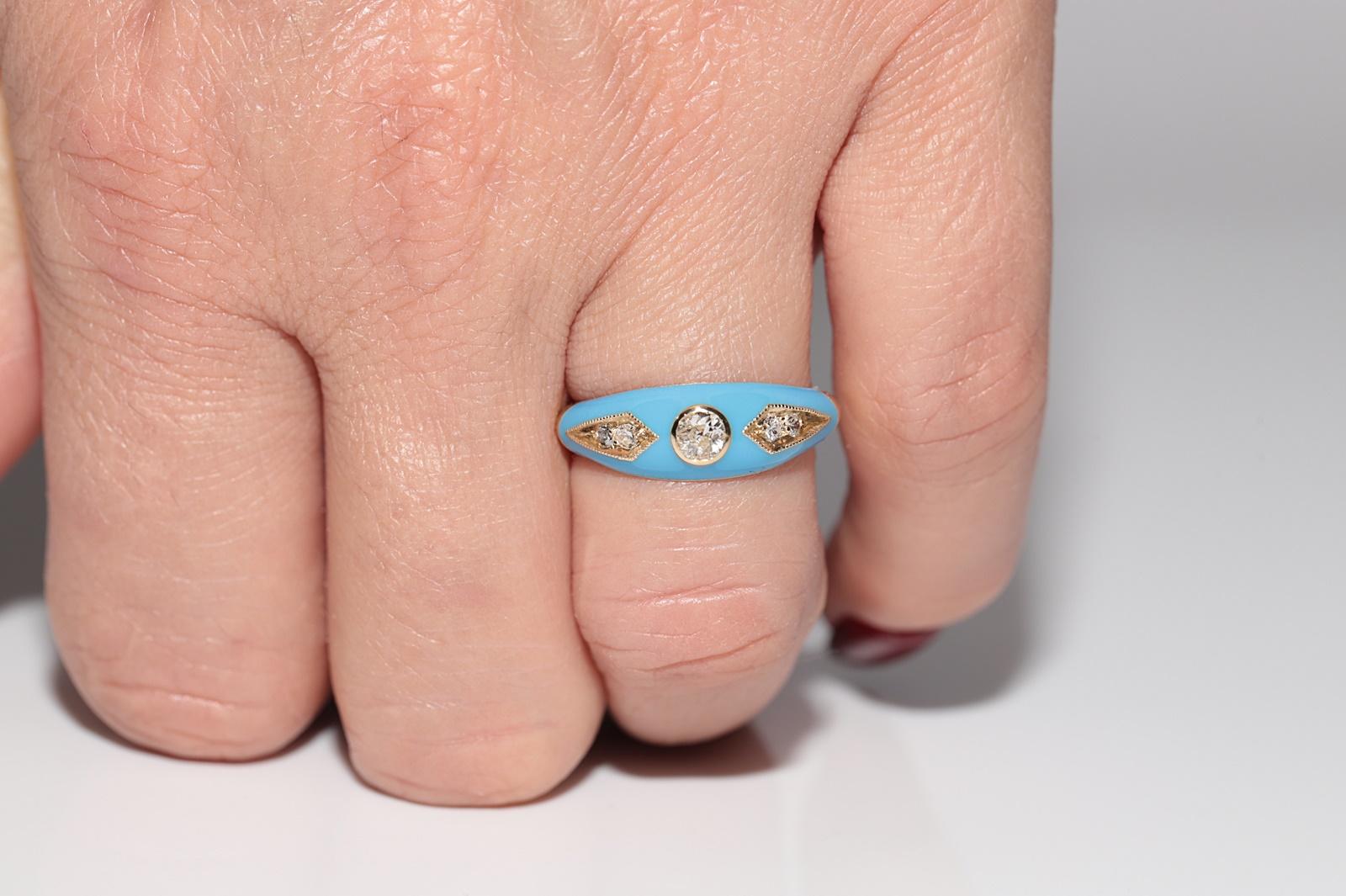 New made 14K Gold Natural Diamond Decorated Turquoise Enamel Band Ring For Sale 11