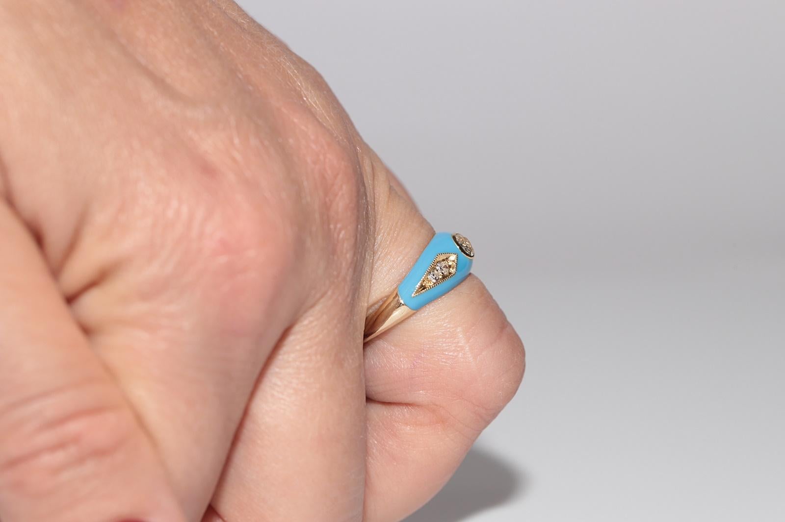 New made 14K Gold Natural Diamond Decorated Turquoise Enamel Band Ring For Sale 12