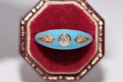 New made 14K Gold Natural Diamond Decorated Turquoise Enamel Band Ring