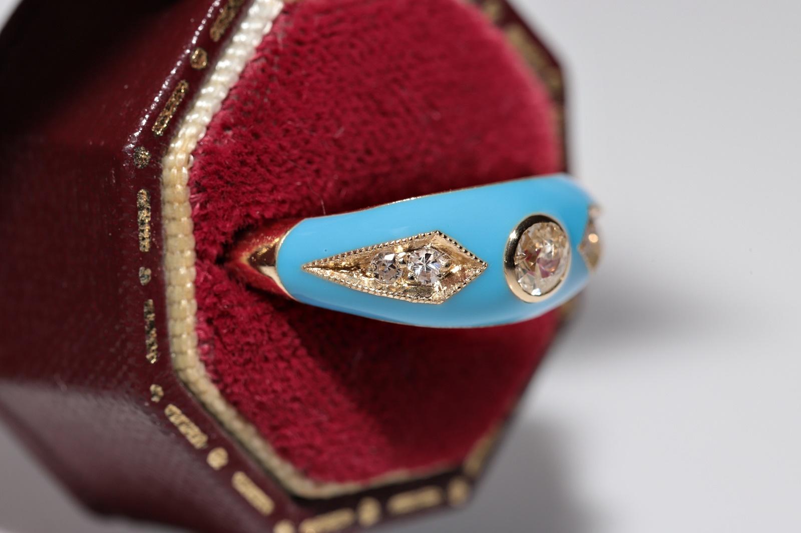 Moderne Bague jonc en or 14 carats, décorée de diamants naturels et d'émail de turquoise, neuve en vente