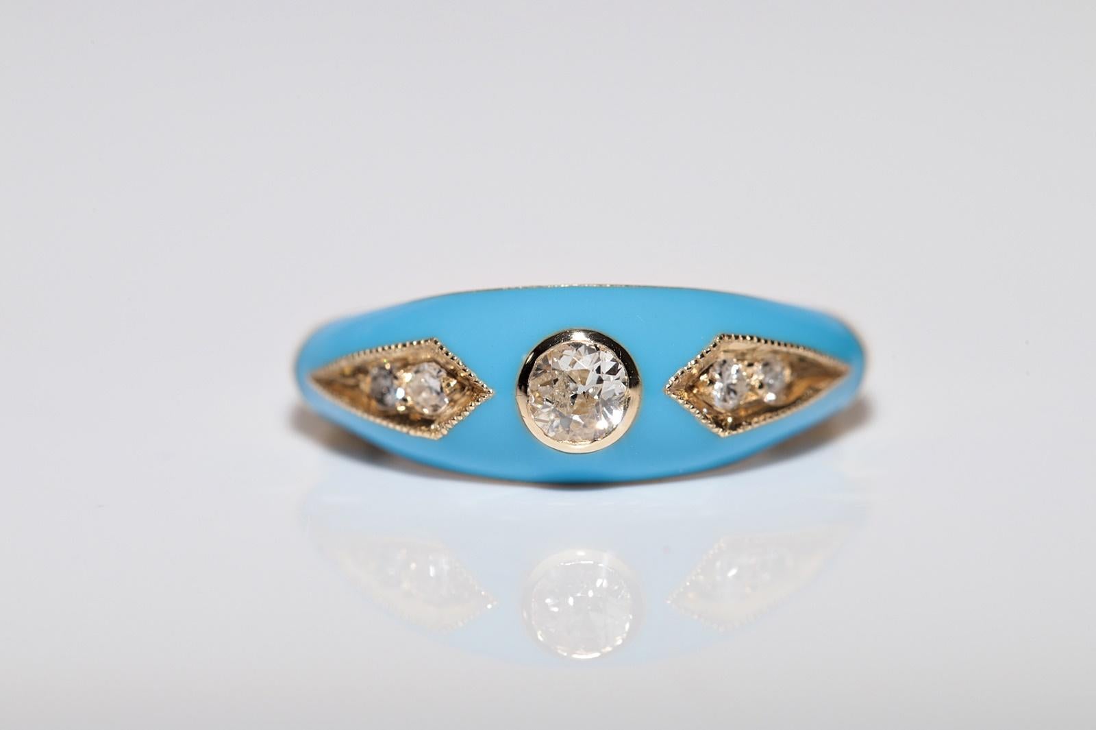 Old Mine Cut New made 14K Gold Natural Diamond Decorated Turquoise Enamel Band Ring For Sale