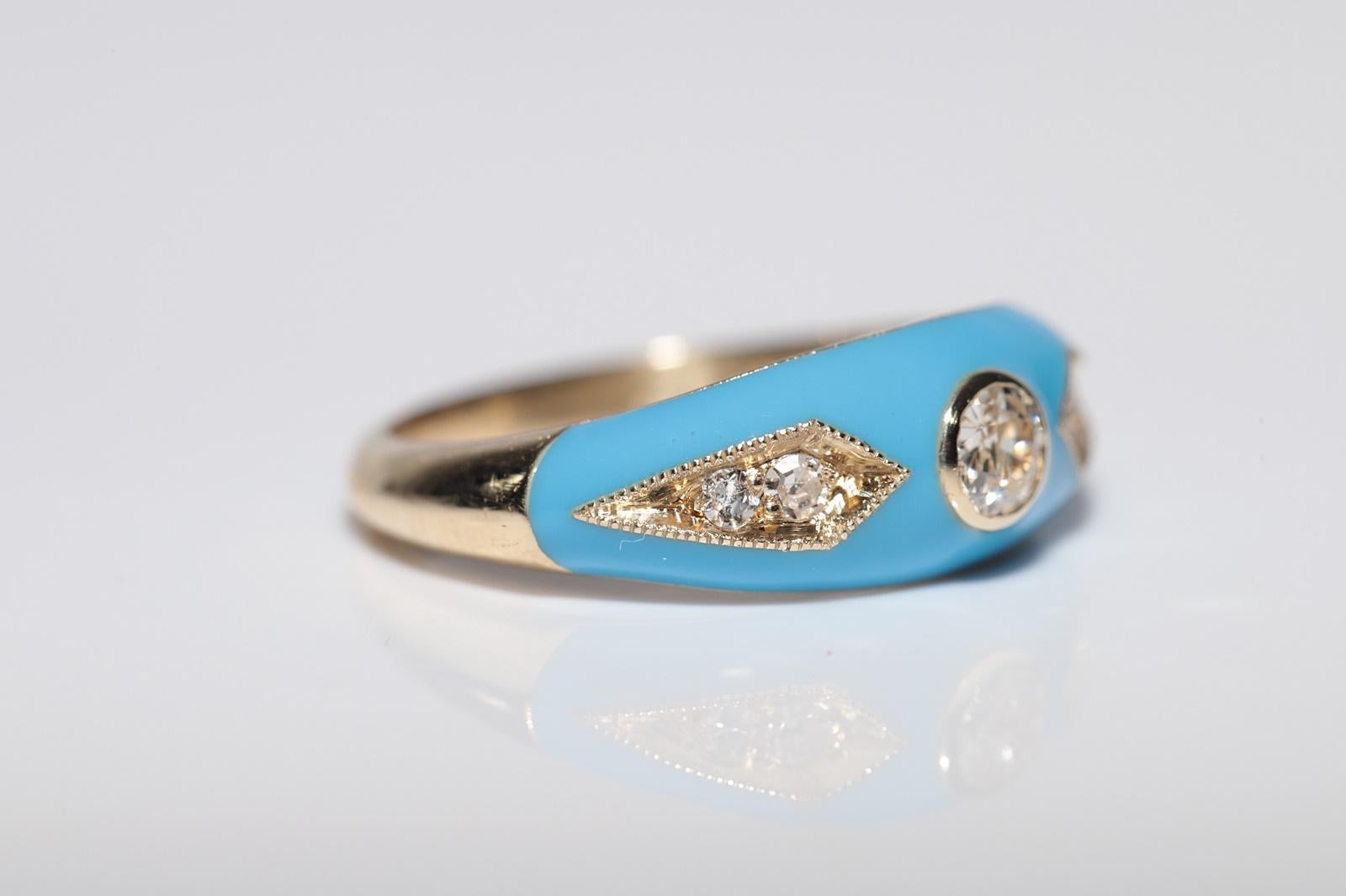 New made 14K Gold Natural Diamond Decorated Turquoise Enamel Band Ring In New Condition For Sale In Fatih/İstanbul, 34