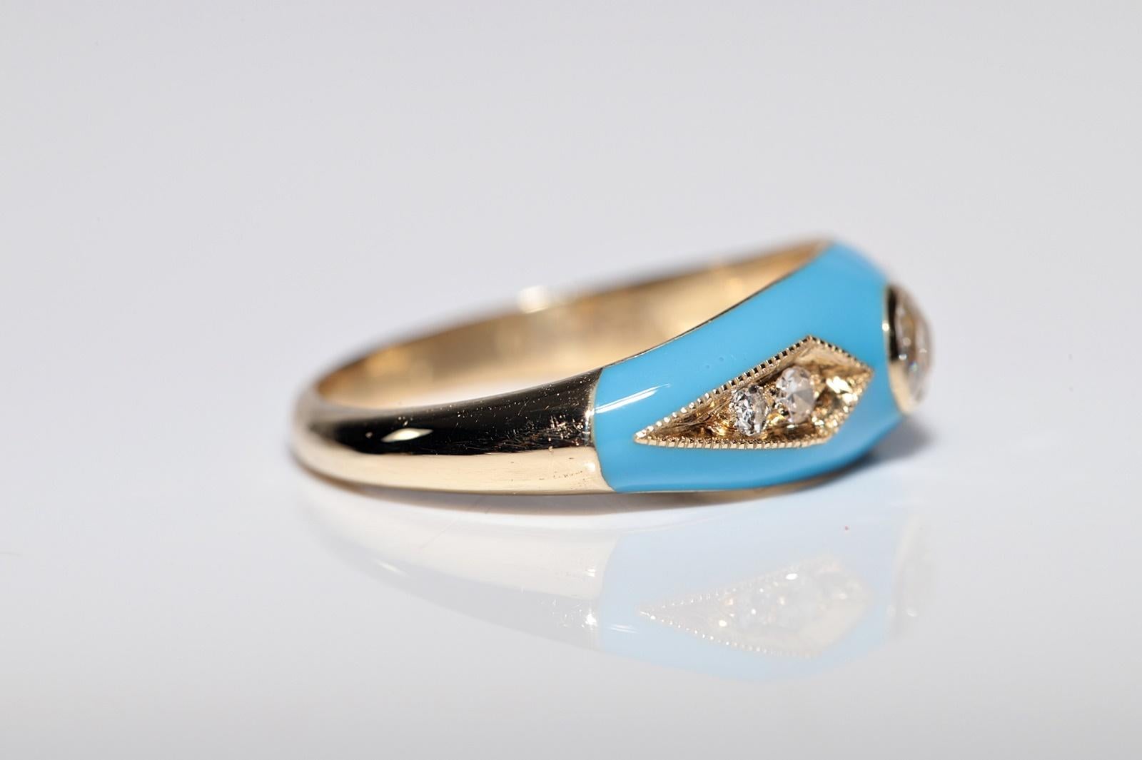 Women's or Men's New made 14K Gold Natural Diamond Decorated Turquoise Enamel Band Ring For Sale
