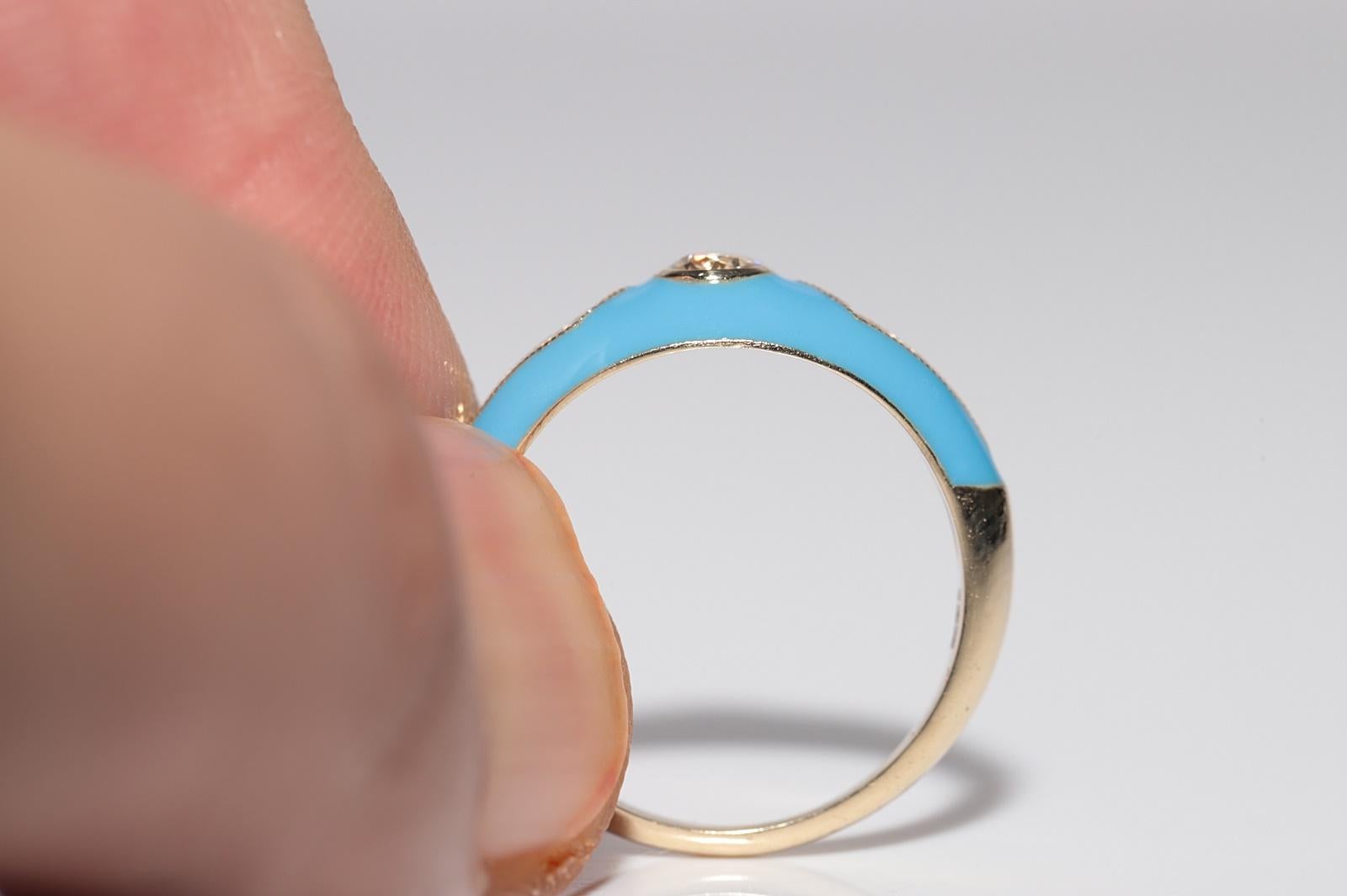 New made 14K Gold Natural Diamond Decorated Turquoise Enamel Band Ring For Sale 1