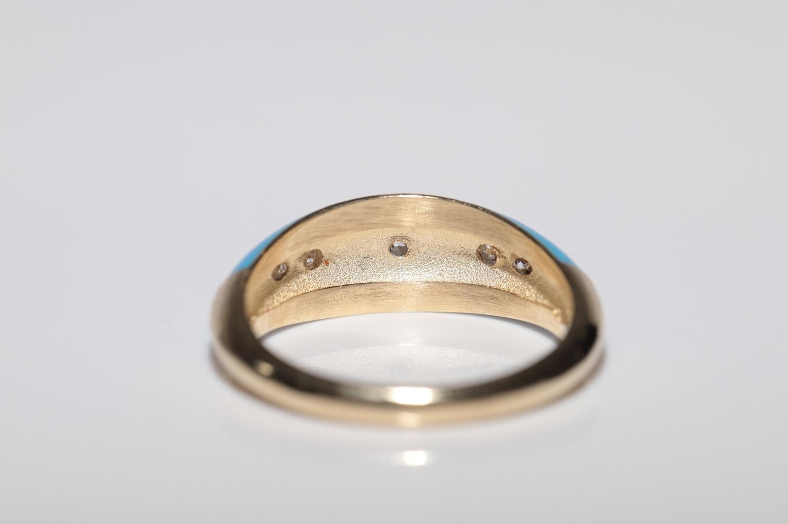 New made 14K Gold Natural Diamond Decorated Turquoise Enamel Band Ring For Sale 2