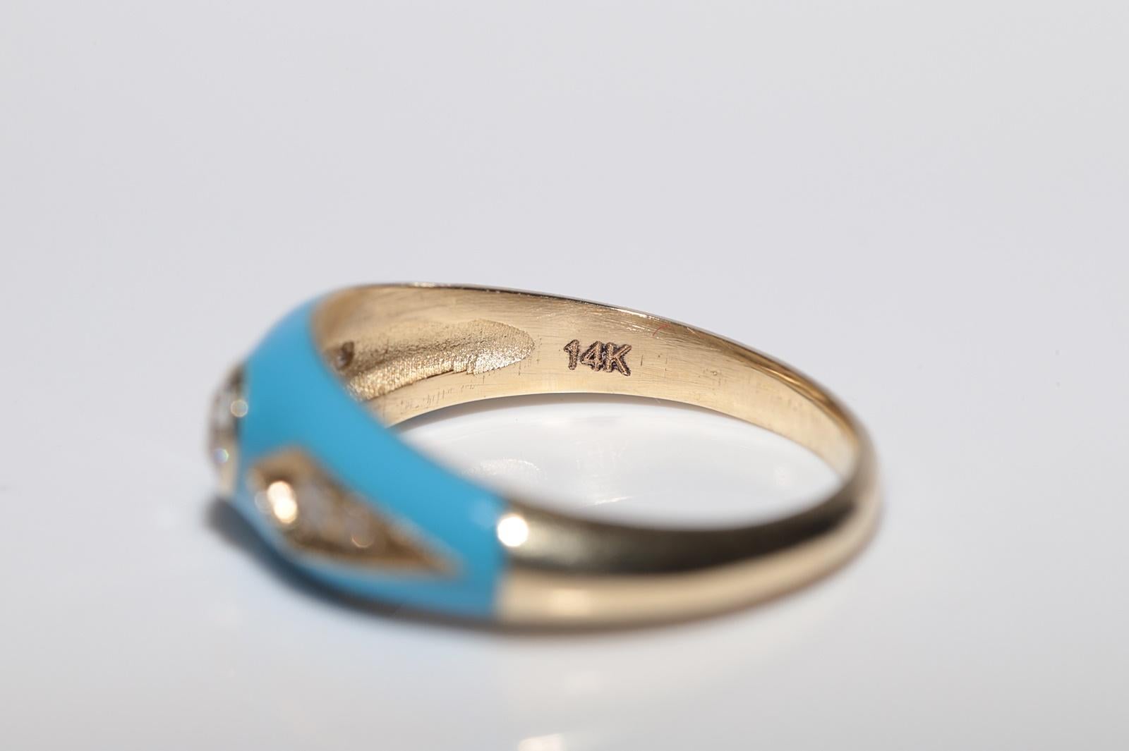 New made 14K Gold Natural Diamond Decorated Turquoise Enamel Band Ring For Sale 3