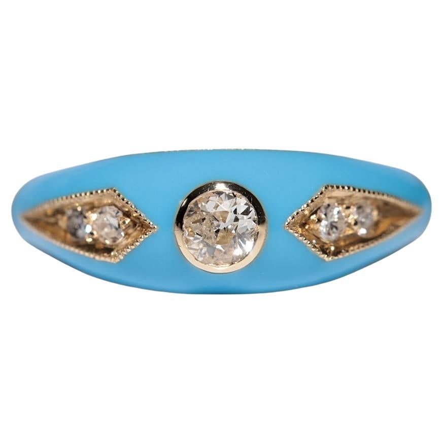 New made 14K Gold Natural Diamond Decorated Turquoise Enamel Band Ring