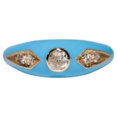 New made 14K Gold Natural Diamond Decorated Turquoise Enamel Band Ring