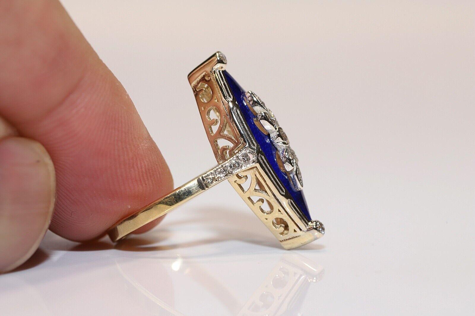 Brilliant Cut New Made 14k Gold Natural Diamond Enamel Navette Ring  For Sale