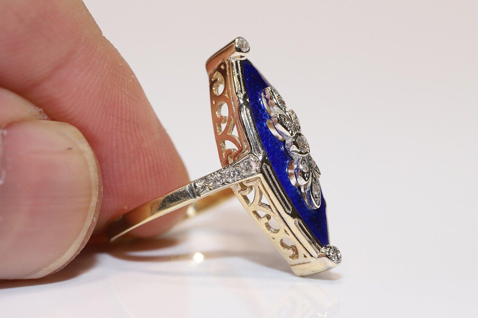 New Made 14k Gold Natural Diamond Enamel Navette Ring  In New Condition For Sale In Fatih/İstanbul, 34