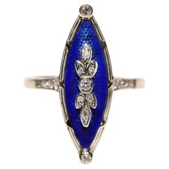 New Made 14k Gold Natural Diamond Enamel Navette Ring 