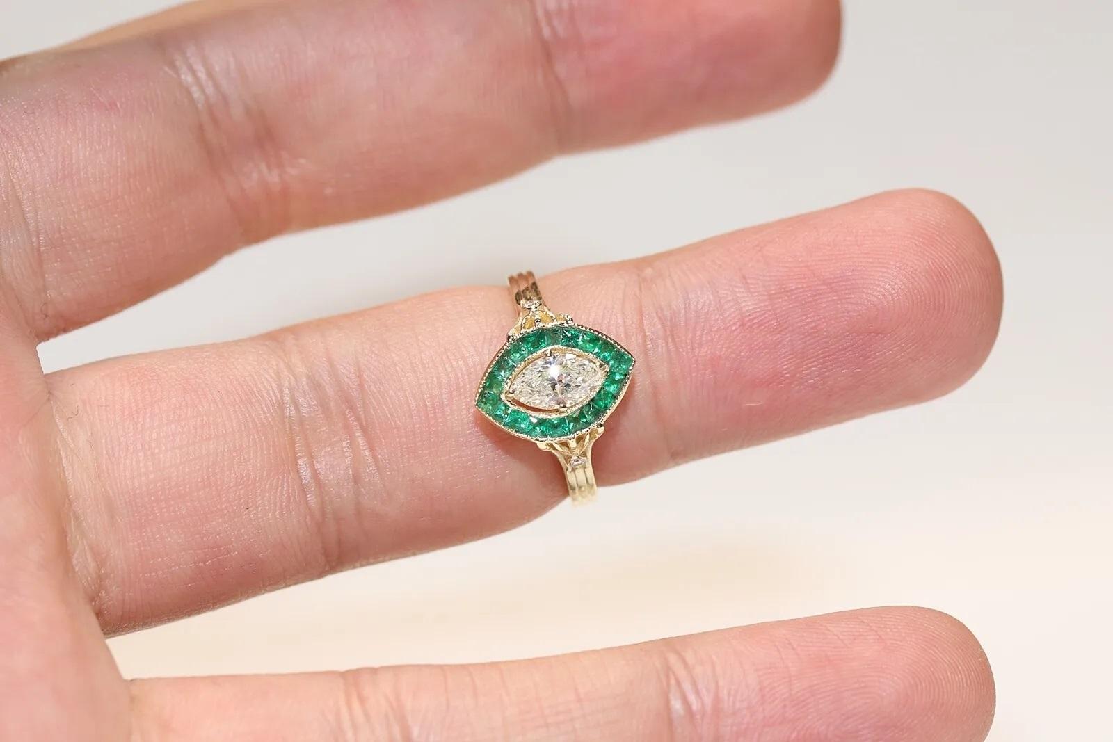 Neuer Ring aus 14 Karat Gold mit natürlichem Diamanten im Marquise-Schliff und Smaragd im Kaliberschliff im Angebot 5