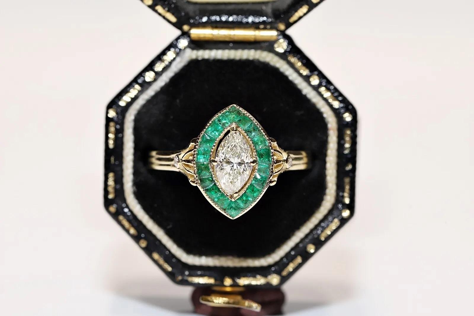 Neuer Ring aus 14 Karat Gold mit natürlichem Diamanten im Marquise-Schliff und Smaragd im Kaliberschliff im Angebot 6