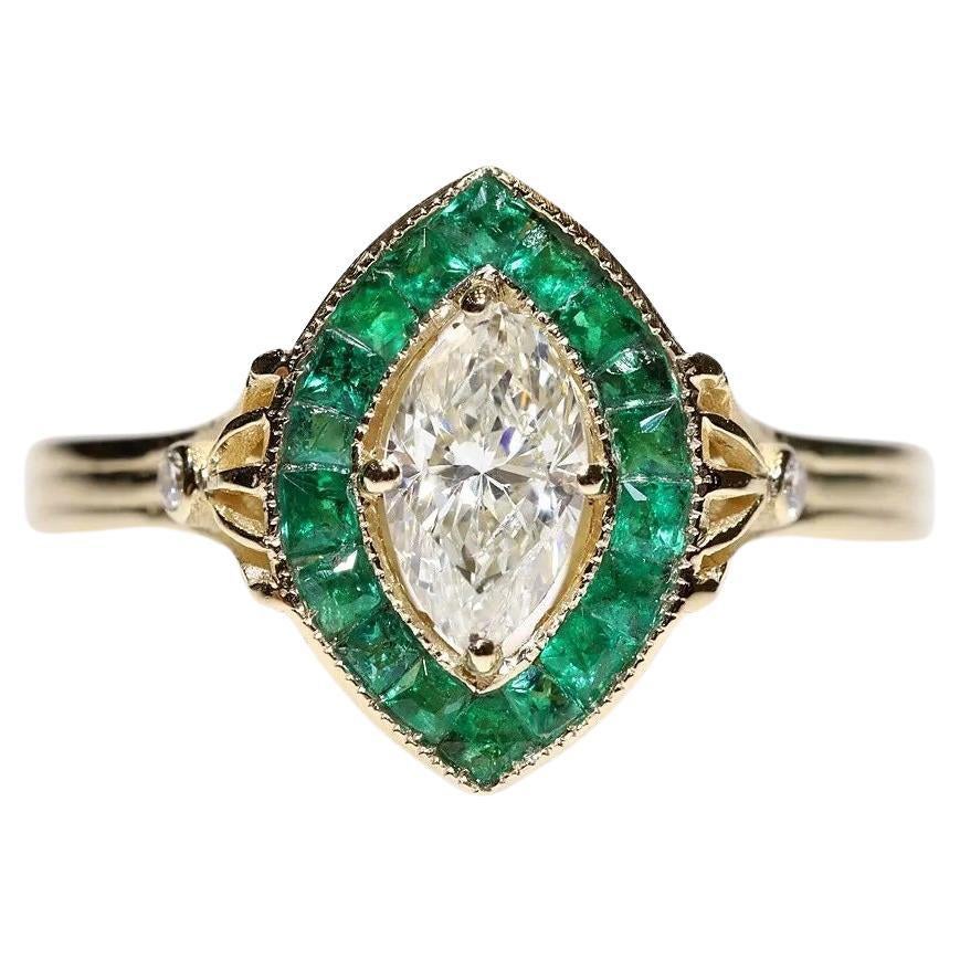 Anillo de oro de 14k con diamante natural talla marquesa y esmeralda talla calibre, de nueva factura